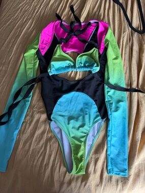 Women’s Gradient Green-Blue One-Piece Swimsuit with Pink Accent